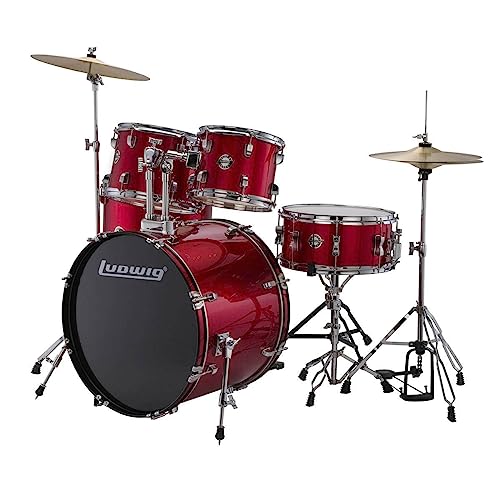 5-piece Complete Drum Set with 22-inch Bass Drum and Cymbals, Red Sparkle Q6699