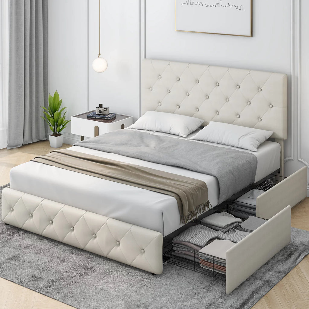 Queen Size Light Grey Upholstered Platform Bed with 4 Storage Drawers H18686