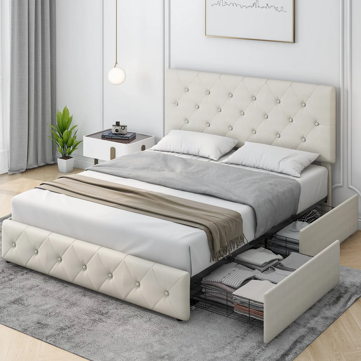 Queen Size Light Grey Upholstered Platform Bed with 4 Storage Drawers H18686