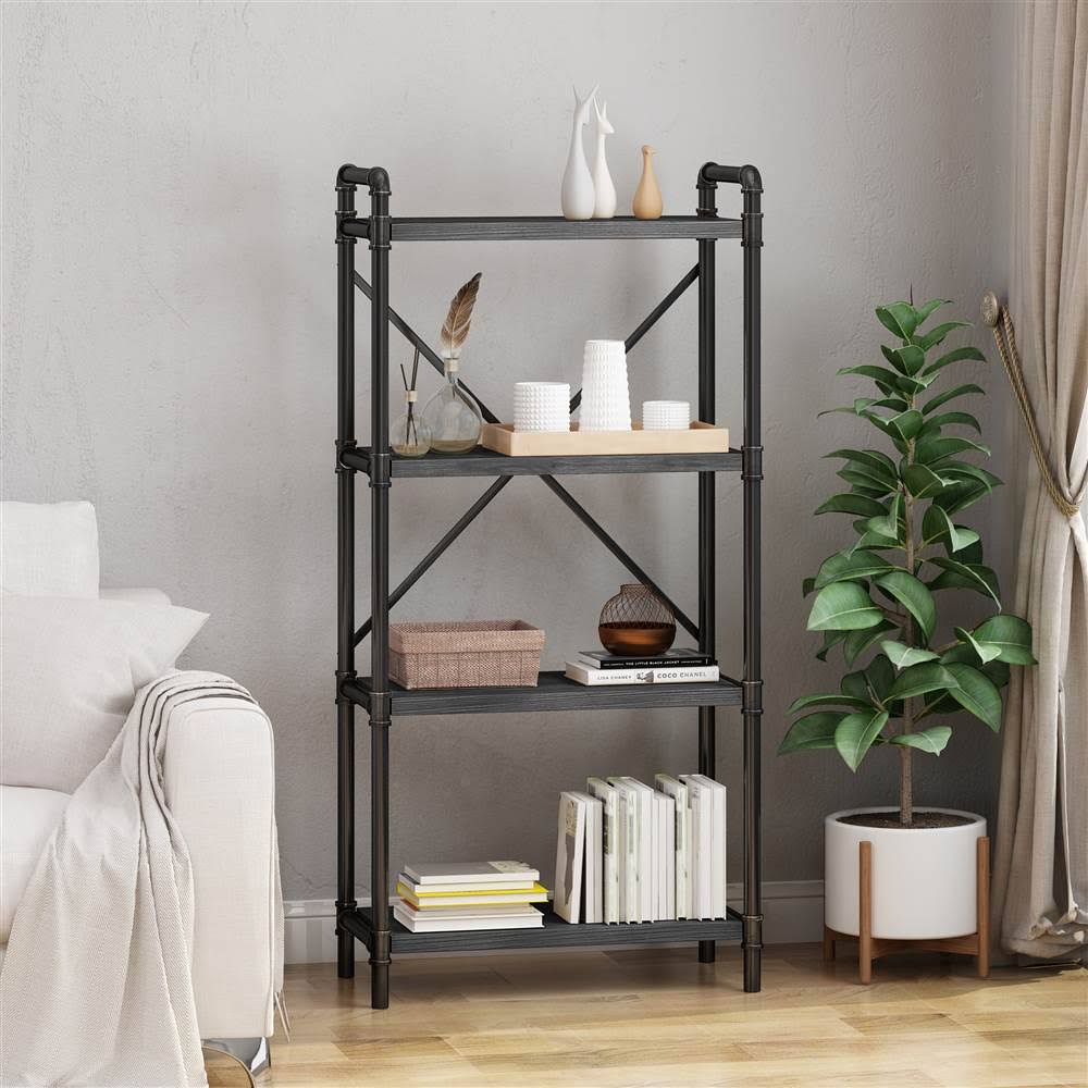 Black Contemporary 4-Shelves Rectangular Storage Bookcase L17068
