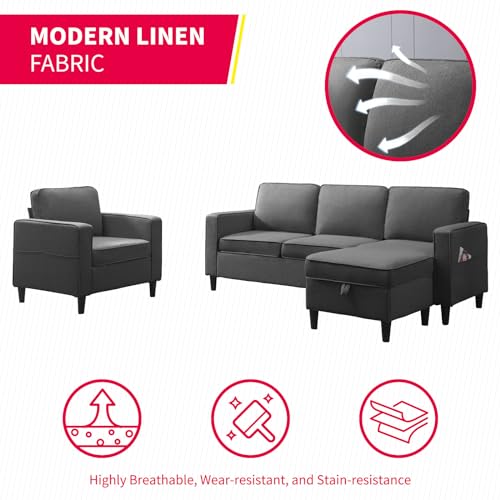 3PCS Linen Upholstered Sofa Set with Side Pockets & Storage Ottoman (Dark Grey) J253