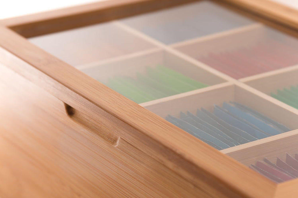 100% Bamboo Tea Box Storage Organizer, 8 Adjustable Compartments, Natural Wooden Finish I123