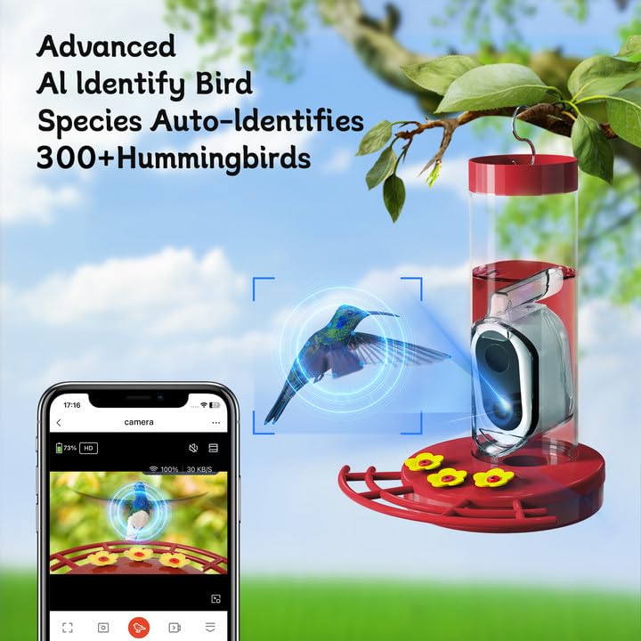 Smart Hummingbird Feeder with Camera Solar-Powered, AI Identify, Cloud Storage, HD Video (20 Ounces) Y81098
