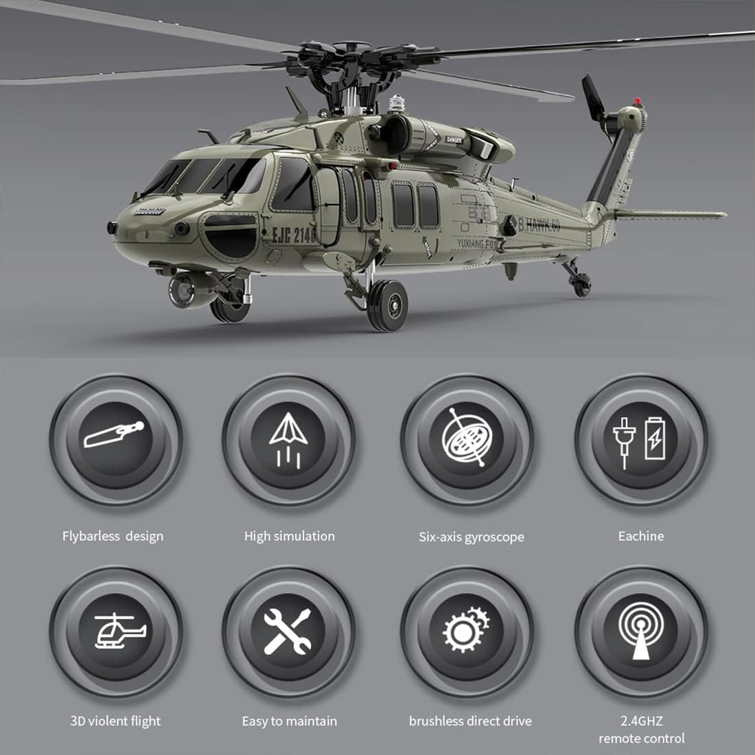 2.4G 6CH Brushless Direct Drive Remote Control Military Helicopter Q654