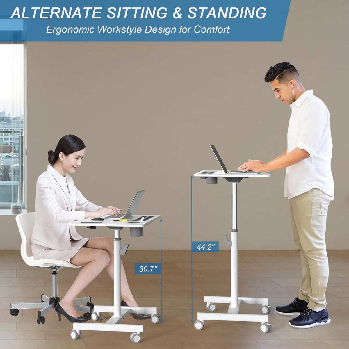 28 inch Pneumatic Sit to Stand Height Adjustable Mobile Laptop Desk with Lockable Wheels, White X428330