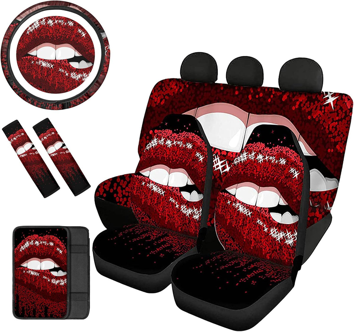 Red Lips Car Seat Covers Full Set with Steering Wheel Cover X323811