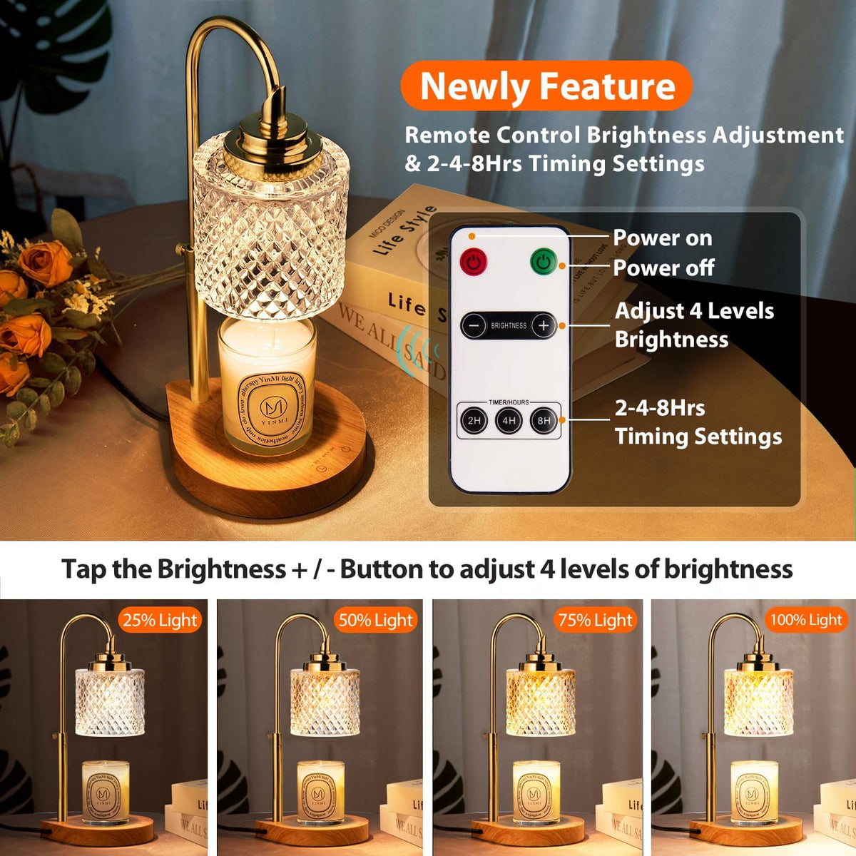 Candle Warmer Lamp with Remote Control, 2-4-8H Timing, 4-Level Dimming, Height Adjustable, 2 Bulbs H4264