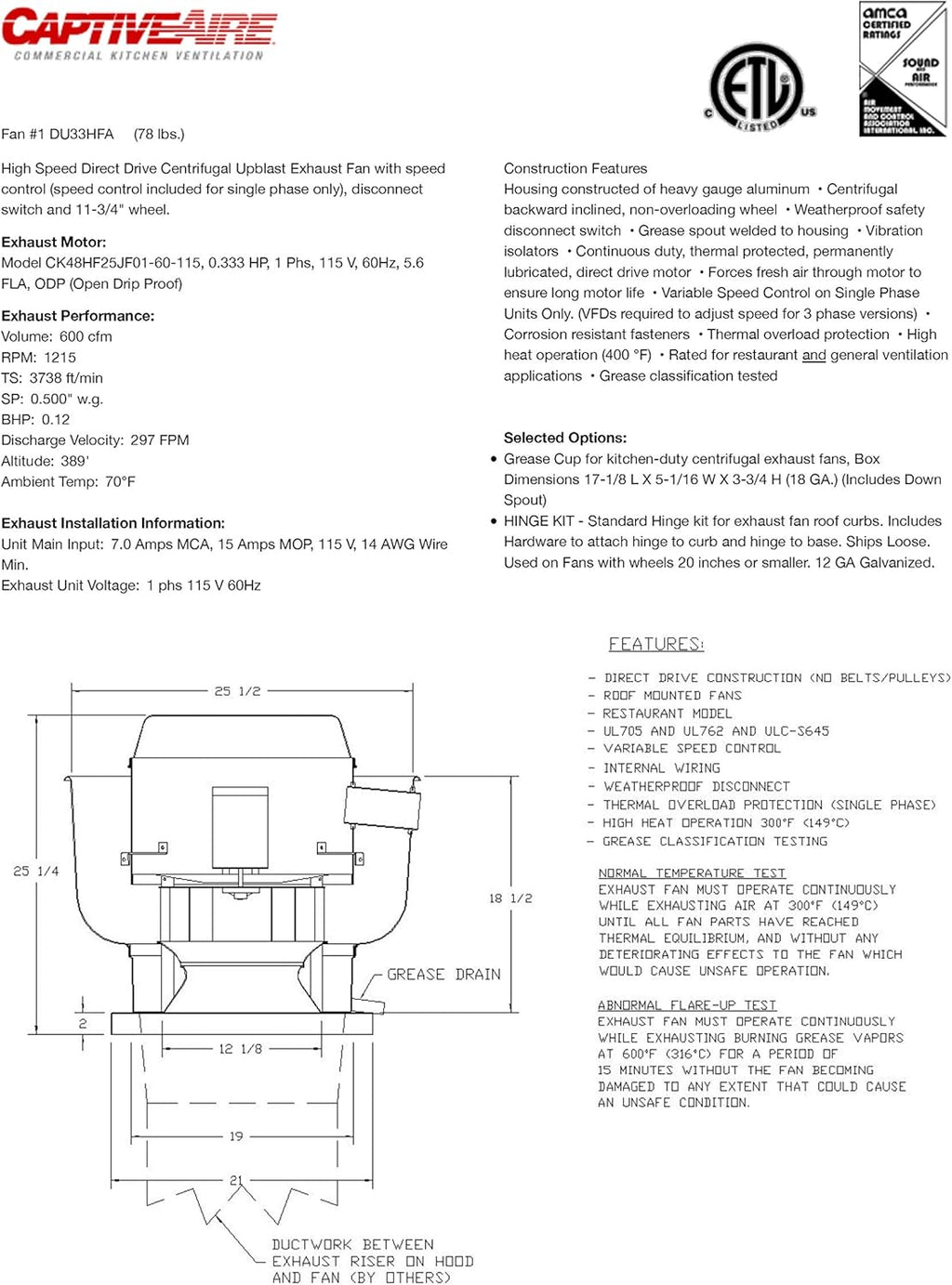 High Speed Direct Drive Centrifugal Upblast Exhaust Fan with Speed Control P742010