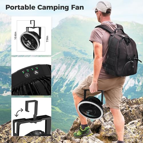 8-Inch Portable Camping Fan with LED Lantern, 10000mAh Rechargeable Battery Operated Tent Fan I927