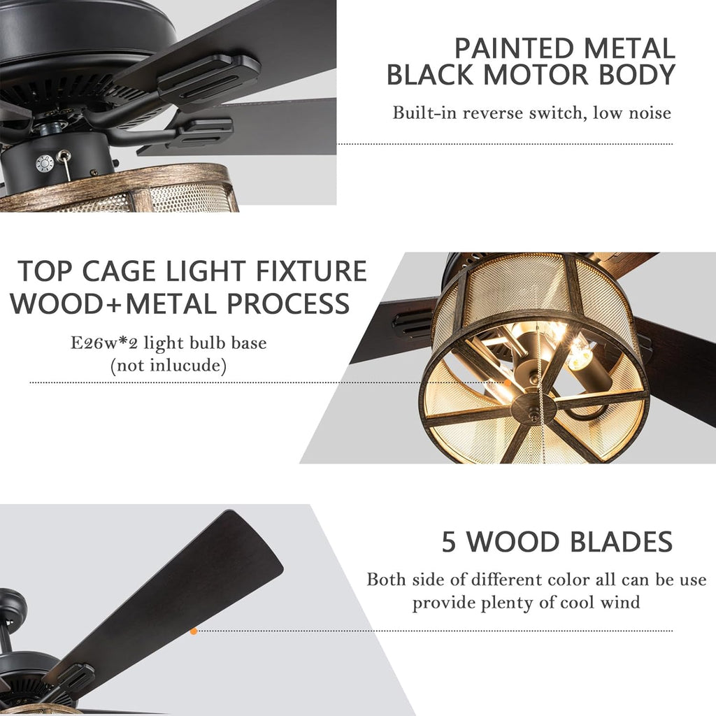 Matte Black Caged Ceiling Fan with Lights Remote Control V952