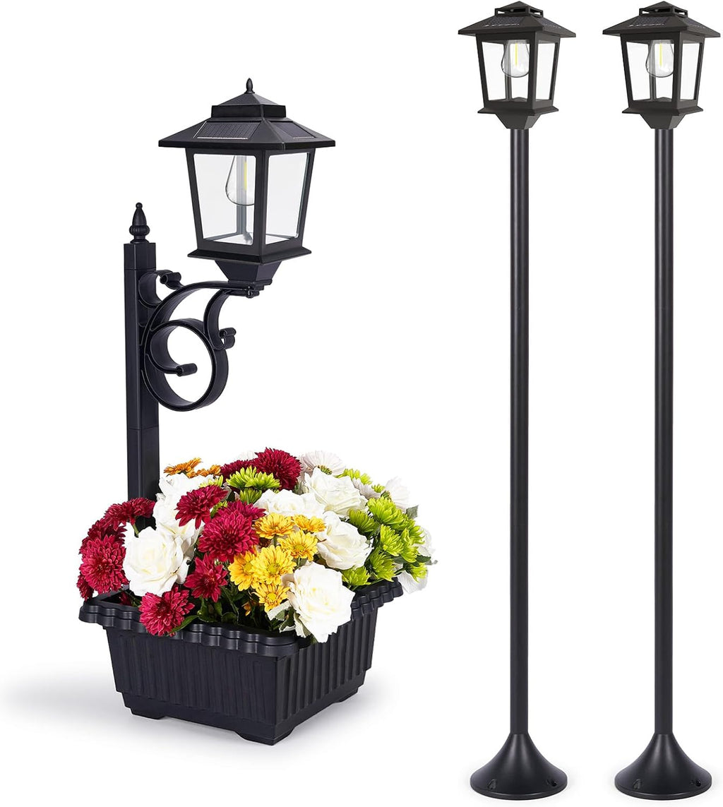 63" Aluminum Solar Lamp Post Lights Outdoor 2 Pack and 2 in 1 Outdoor Solar Lamp Post Light with Planter E74836