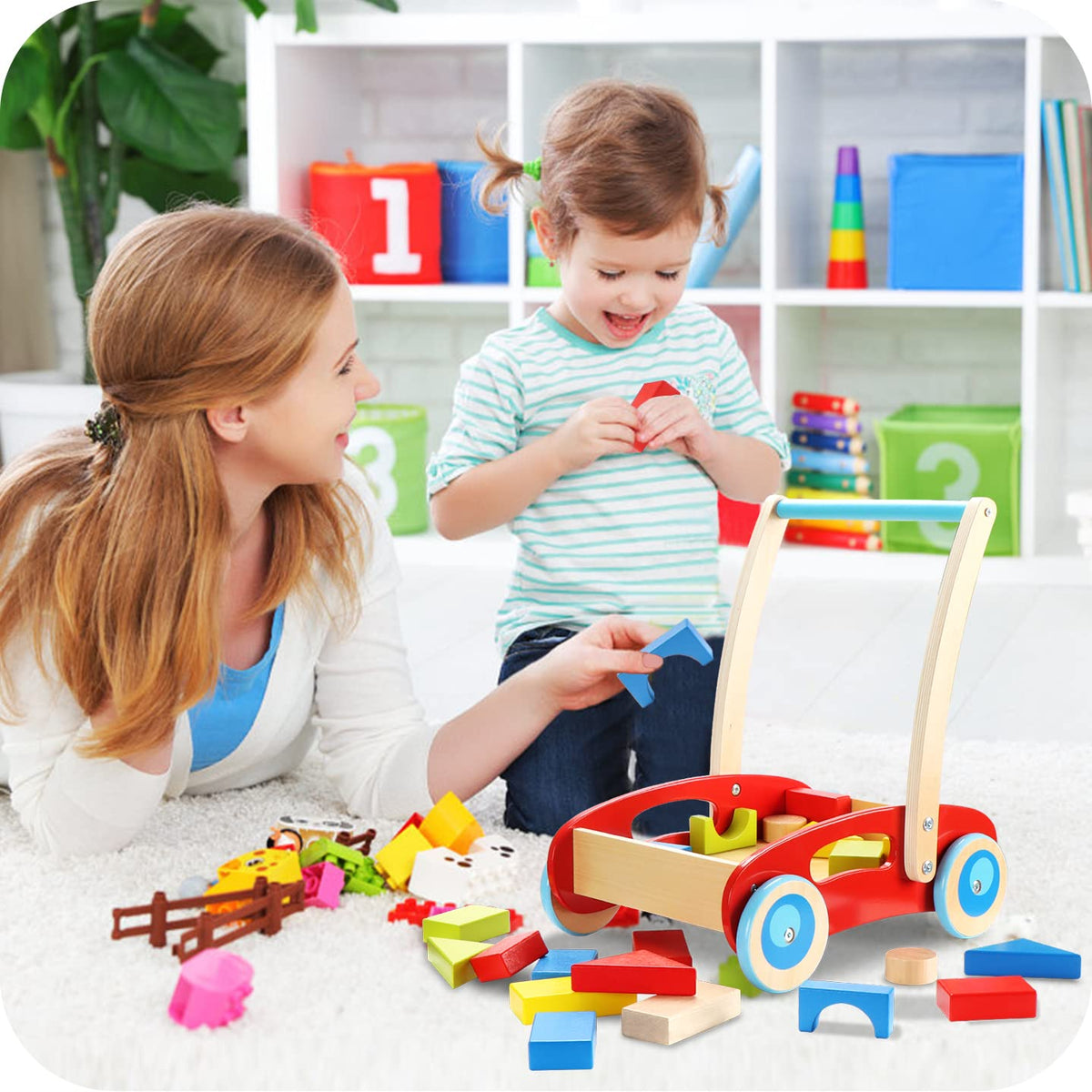 Wooden Baby Walker with Building Blocks 35 PCs A715576