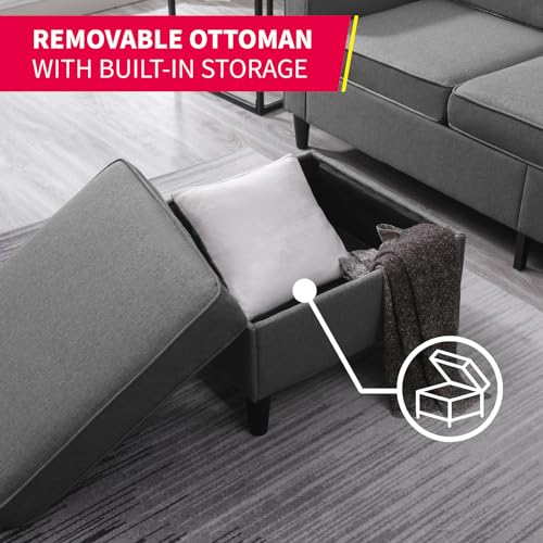 3PCS Linen Upholstered Sofa Set with Side Pockets & Storage Ottoman (Dark Grey) J253
