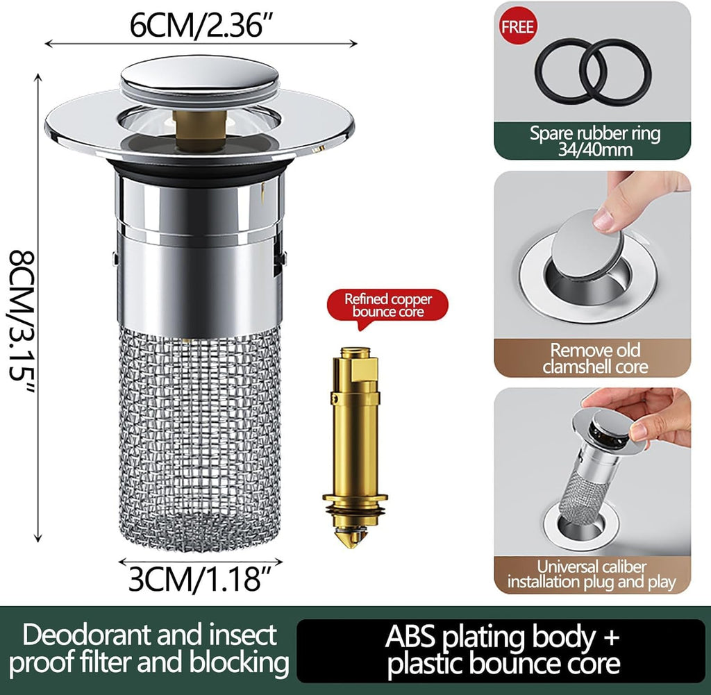 2PCS 304 Stainless Steel Pop-Up Sink Drain Strainer with Removable Filter Basket Z535396