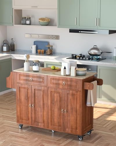 Brown Kitchen Island with Drop Leaf Storage on Wheels C705738