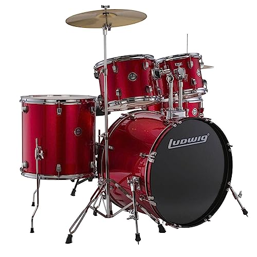 5-piece Complete Drum Set with 22-inch Bass Drum and Cymbals, Red Sparkle Q6699