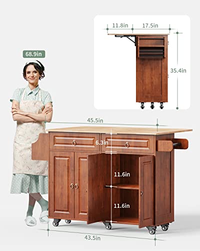 Brown Kitchen Island with Drop Leaf Storage on Wheels C705738