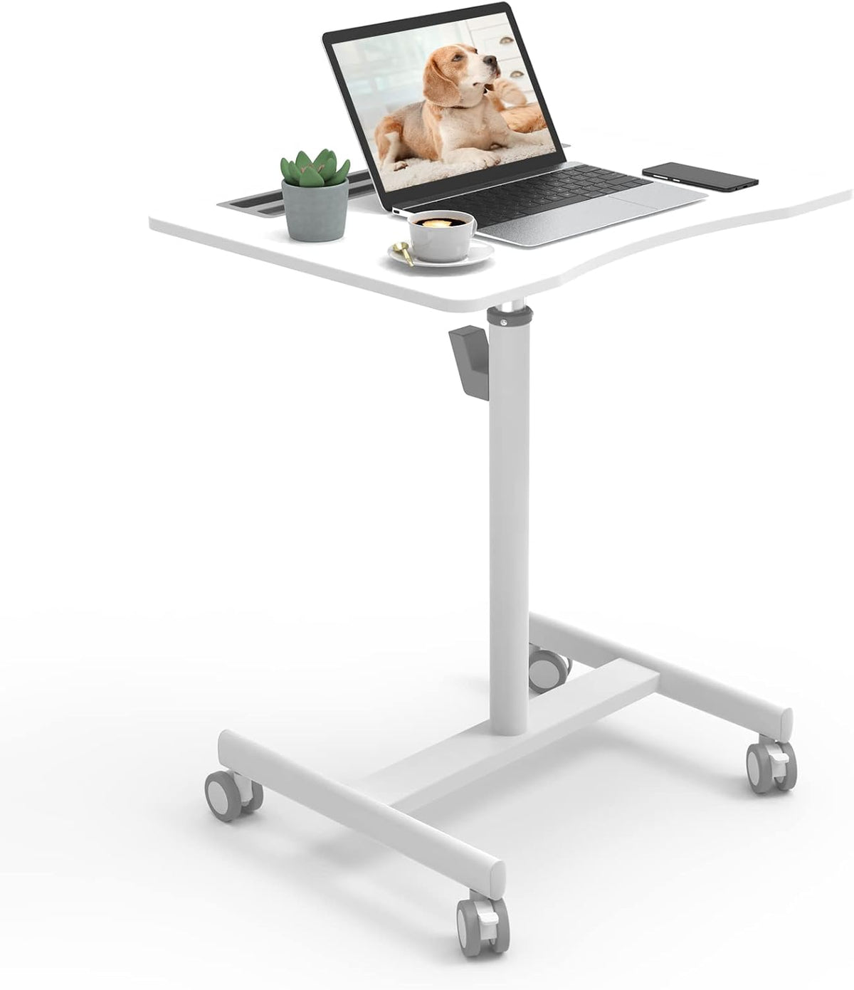 28 inch Pneumatic Sit to Stand Height Adjustable Mobile Laptop Desk with Lockable Wheels, White X428330