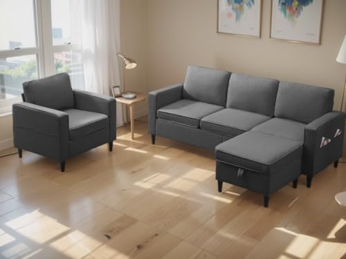 3PCS Linen Upholstered Sofa Set with Side Pockets & Storage Ottoman (Dark Grey) J253