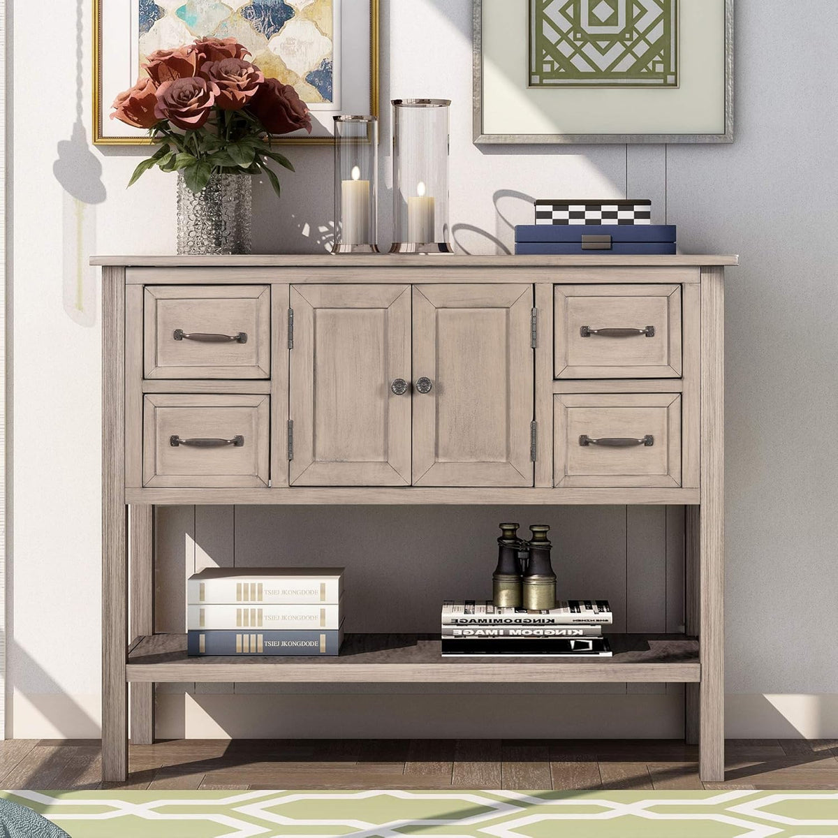 43 Inch Light Blue Console Table with Doors Drawers and Open Shelf W560