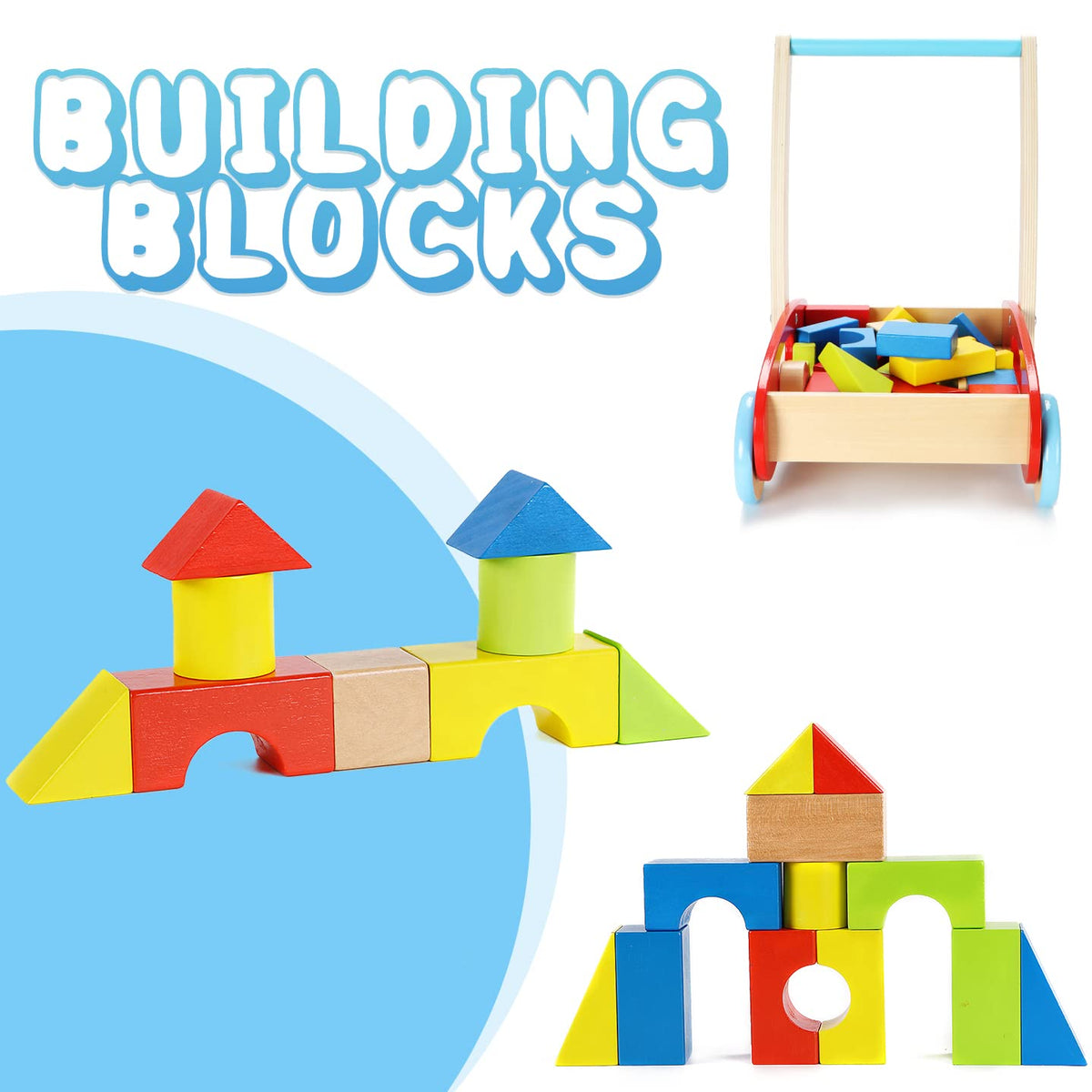 Wooden Baby Walker with Building Blocks 35 PCs A715576