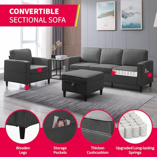 3PCS Linen Upholstered Sofa Set with Side Pockets & Storage Ottoman (Dark Grey) J253