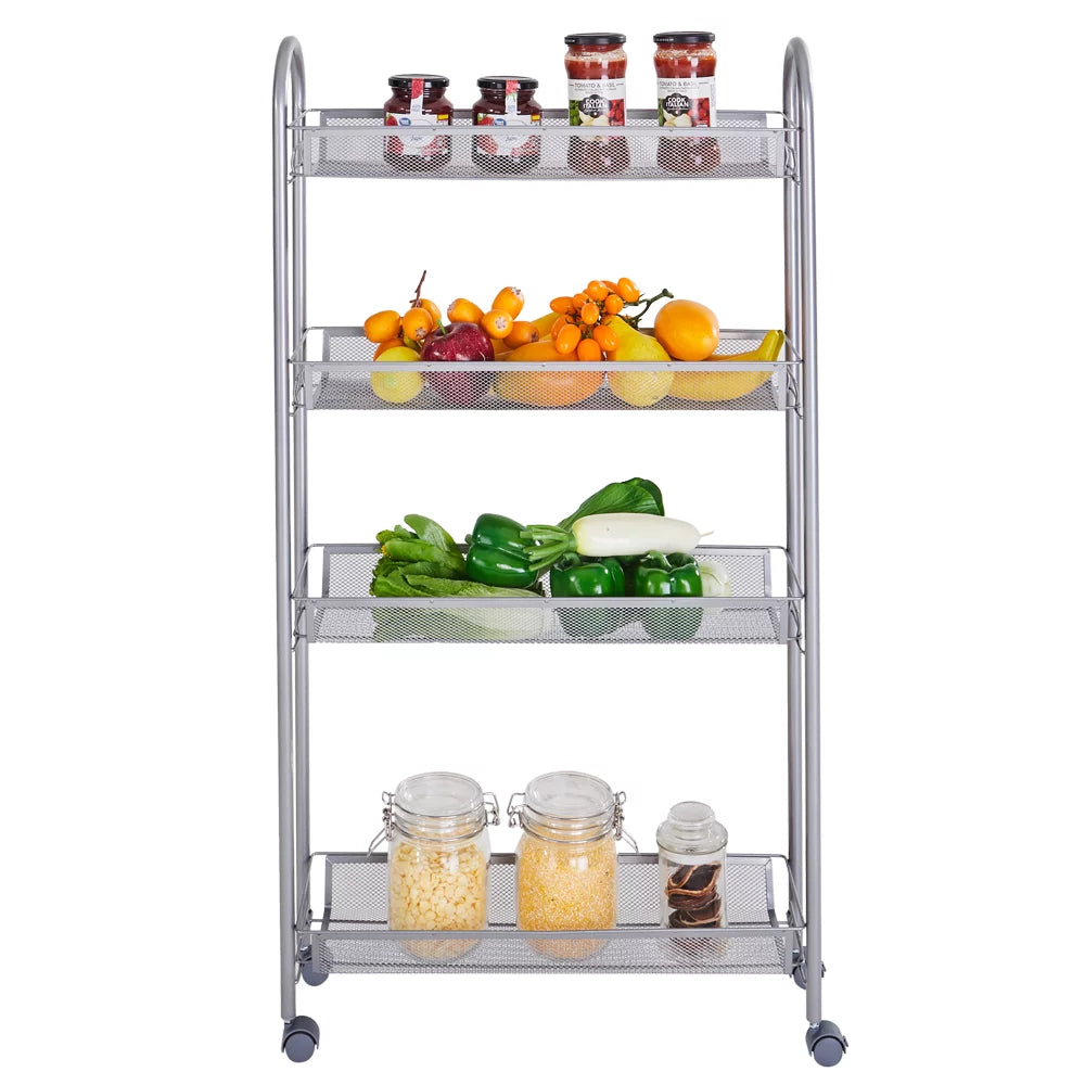 4 Tier Slim Storage Cart Mobile Shelving Unit Organizer Rolling Utility Cart Tower Rack Plastic Stainless Steel Silver M32289