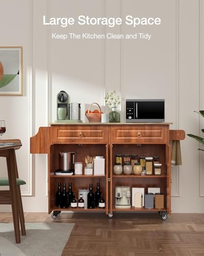 Brown Kitchen Island with Drop Leaf Storage on Wheels C705738