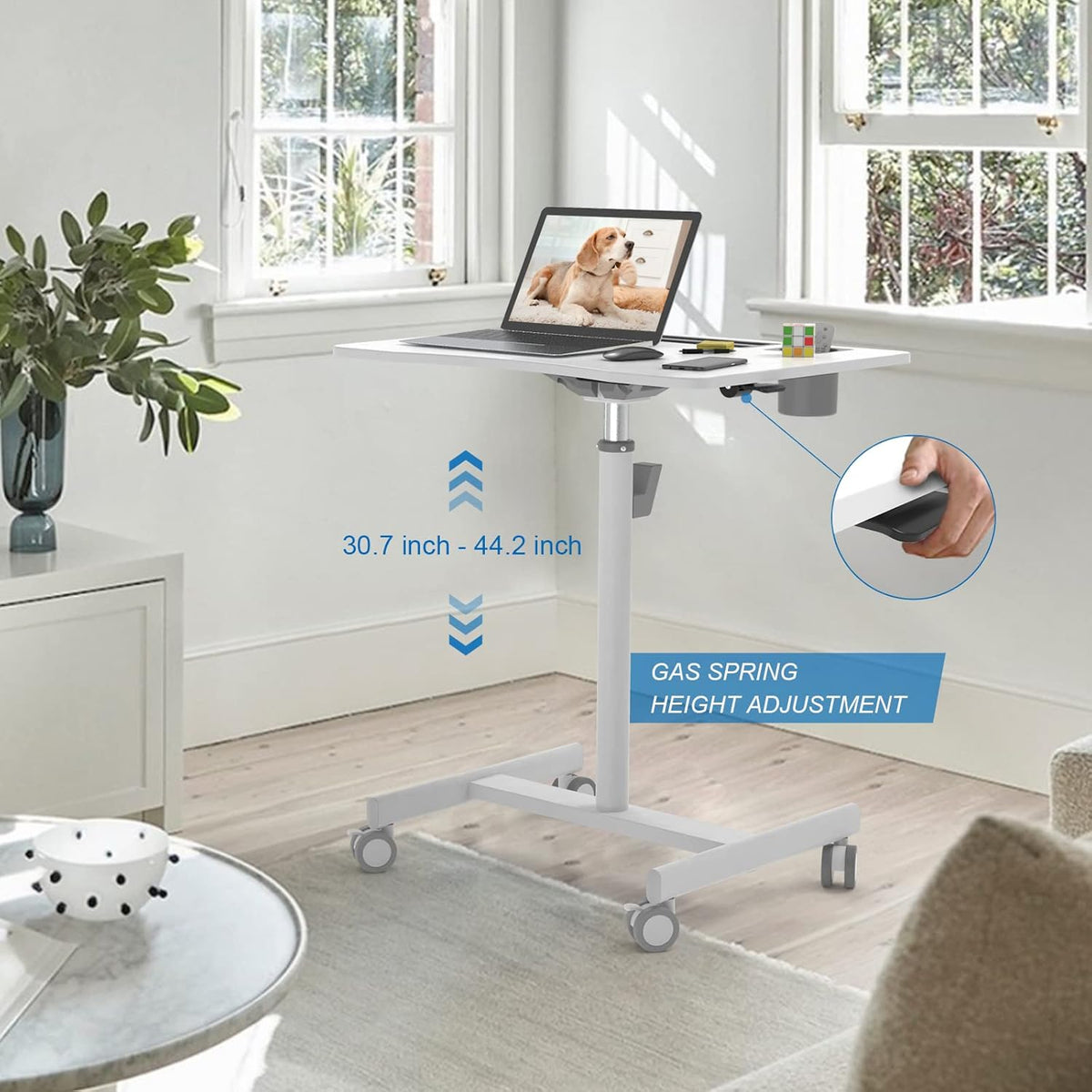 28 inch Pneumatic Sit to Stand Height Adjustable Mobile Laptop Desk with Lockable Wheels, White X428330