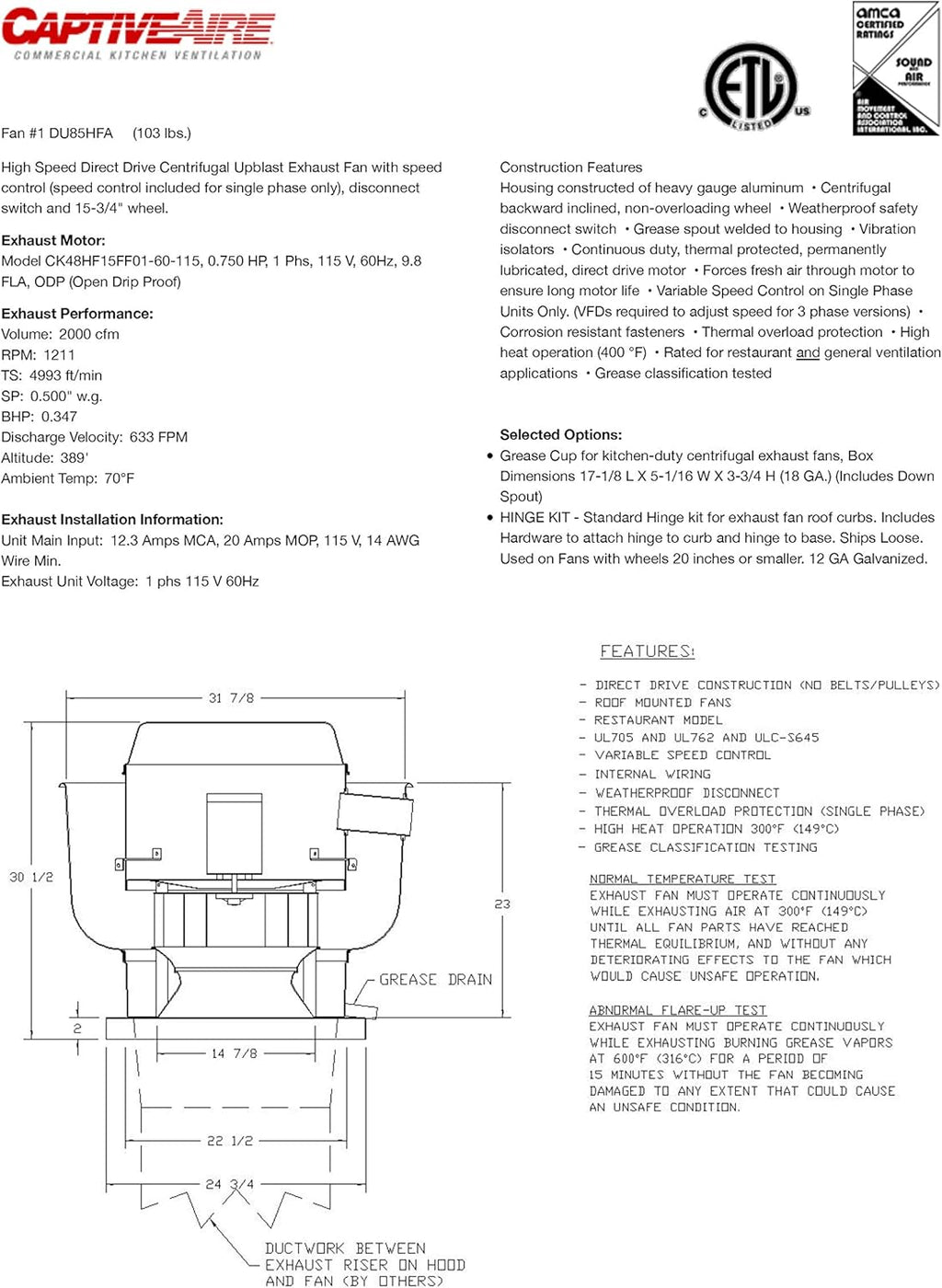 High Speed Direct Drive Centrifugal Upblast Exhaust Fan with Speed Control P742010