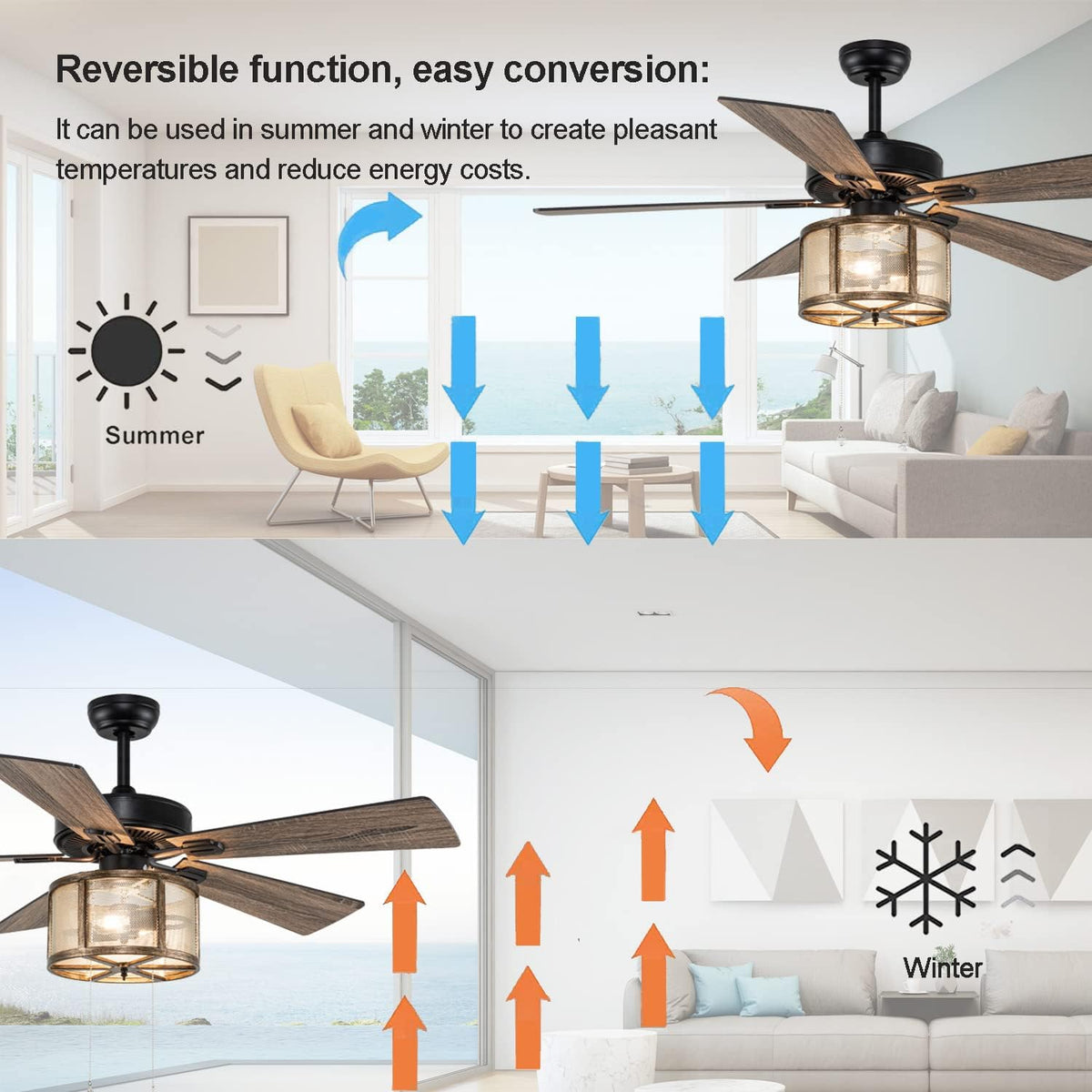 Matte Black Caged Ceiling Fan with Lights Remote Control V952