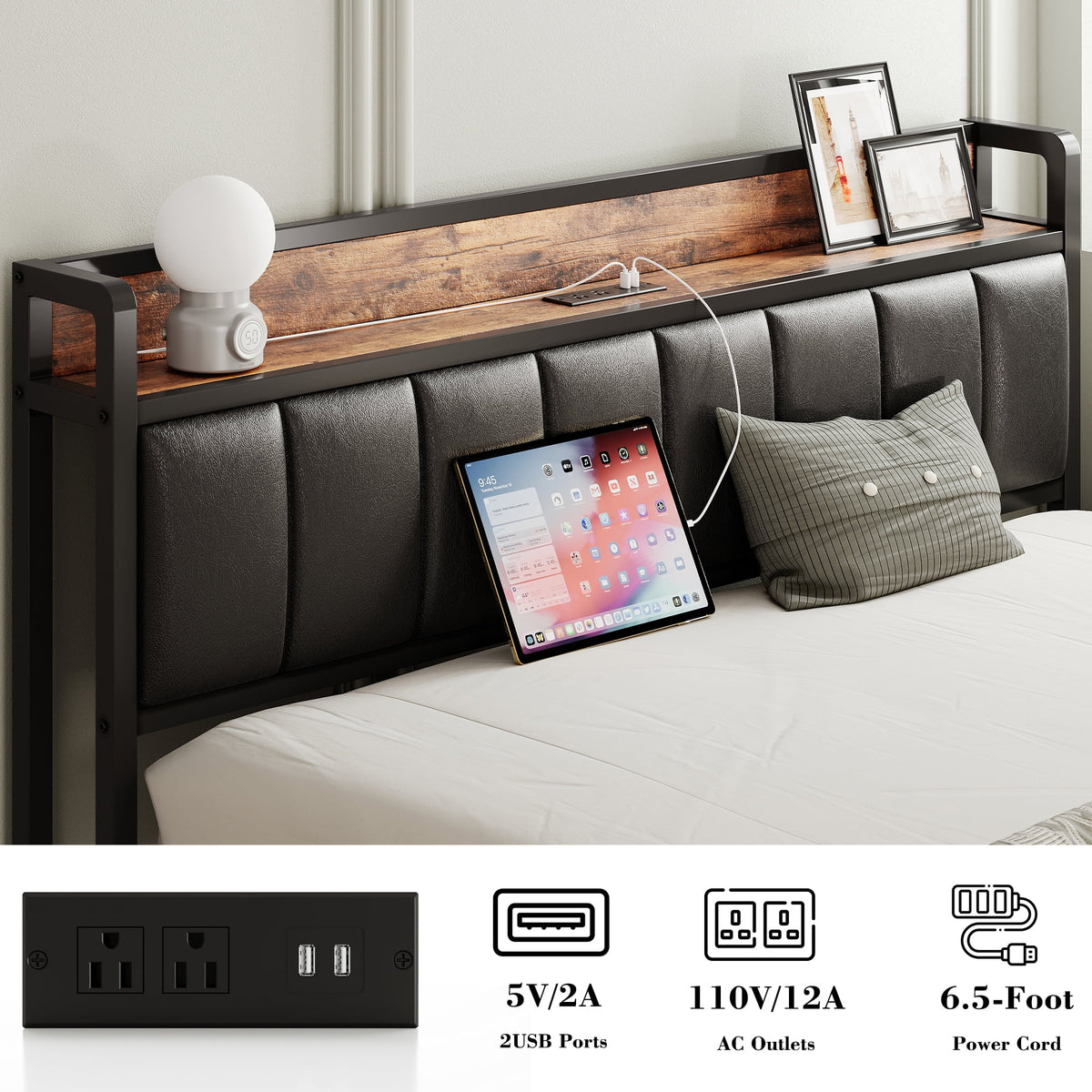 King Storage Bed Frame with Charging Station and Drawers I3258