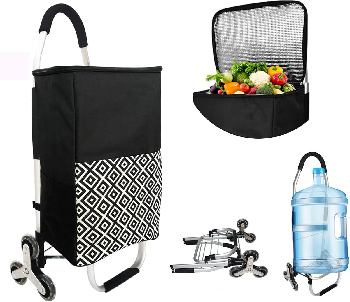 3 in 1 Insulated Shopping Cart Stair Climbing Utility Cart Rolling Cooler with Adjustable Bungee Cord Waterproof Lightweight (Black) Z962