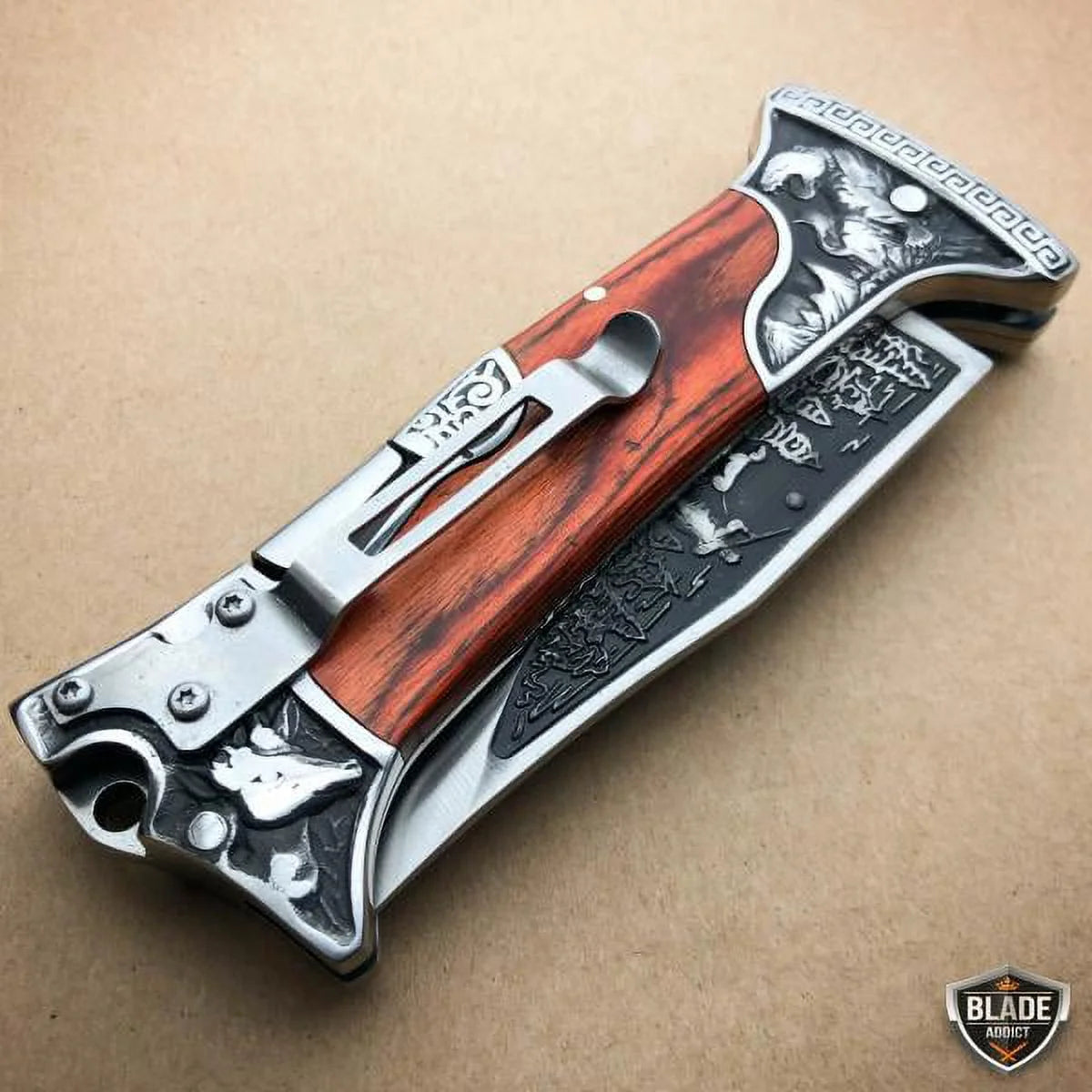 Brown Wood Handle Engraved Blade Lockback Folding Pocket Knife L59661