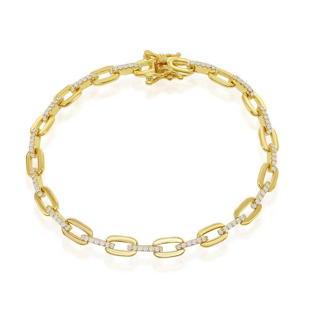Paperclip Bracelet 14k Gold over Silver with Simulated CZ Diamonds, 7’’ Italian Bracelet I6353