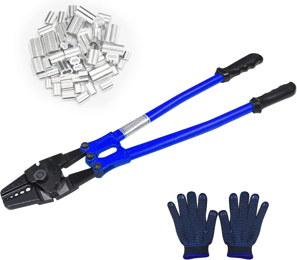 24 Inch Hand Crimping Cutting Tool, Wire Rope Crimping Tool, with 50pc Aluminum Stop Sleeves Oval Sleeves Pack of 2 L1773