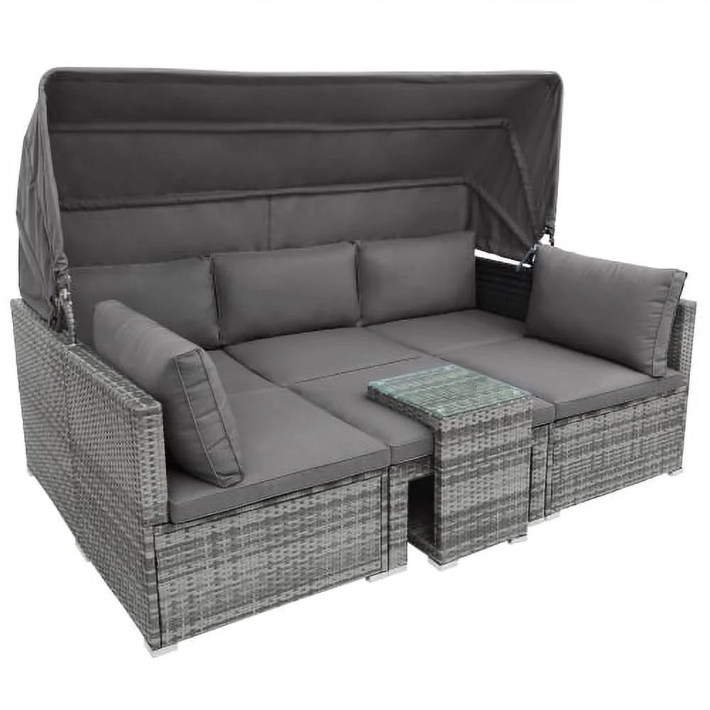 5 Pieces Wicker Patio Conversation Set with Canopy and Glass Side Table Y45036