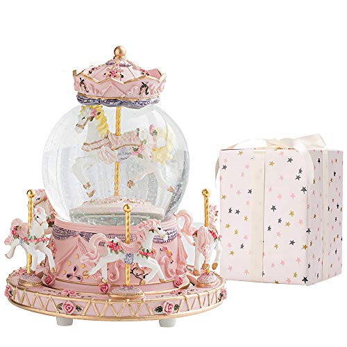 Gift Wrapped Music Box Carousel Horses Color Lights Unicorn Musical Snow Globe Y350