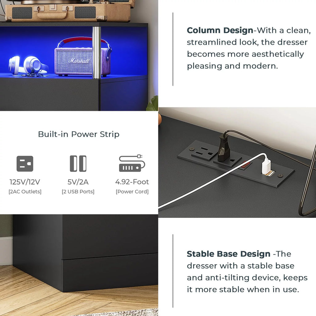 Black 4 Drawer Dresser with LED Lights & Charging Station B563