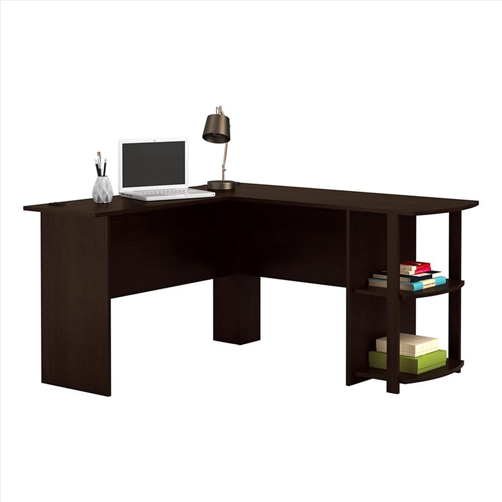 L-Shaped Wood Computer Desk with Bookshelves Dark Brown P429