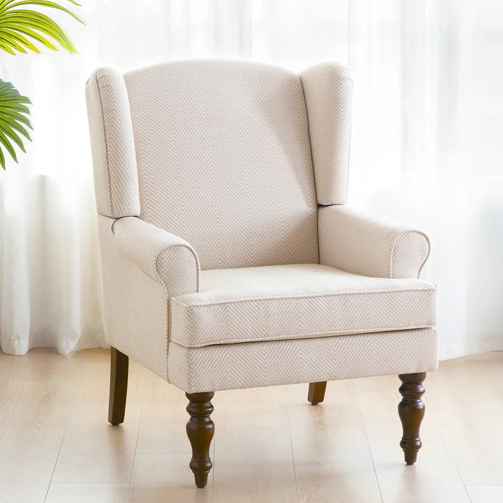 Tan Twill Upholstered Wingback Accent Chair with Solid Wood Legs M86302