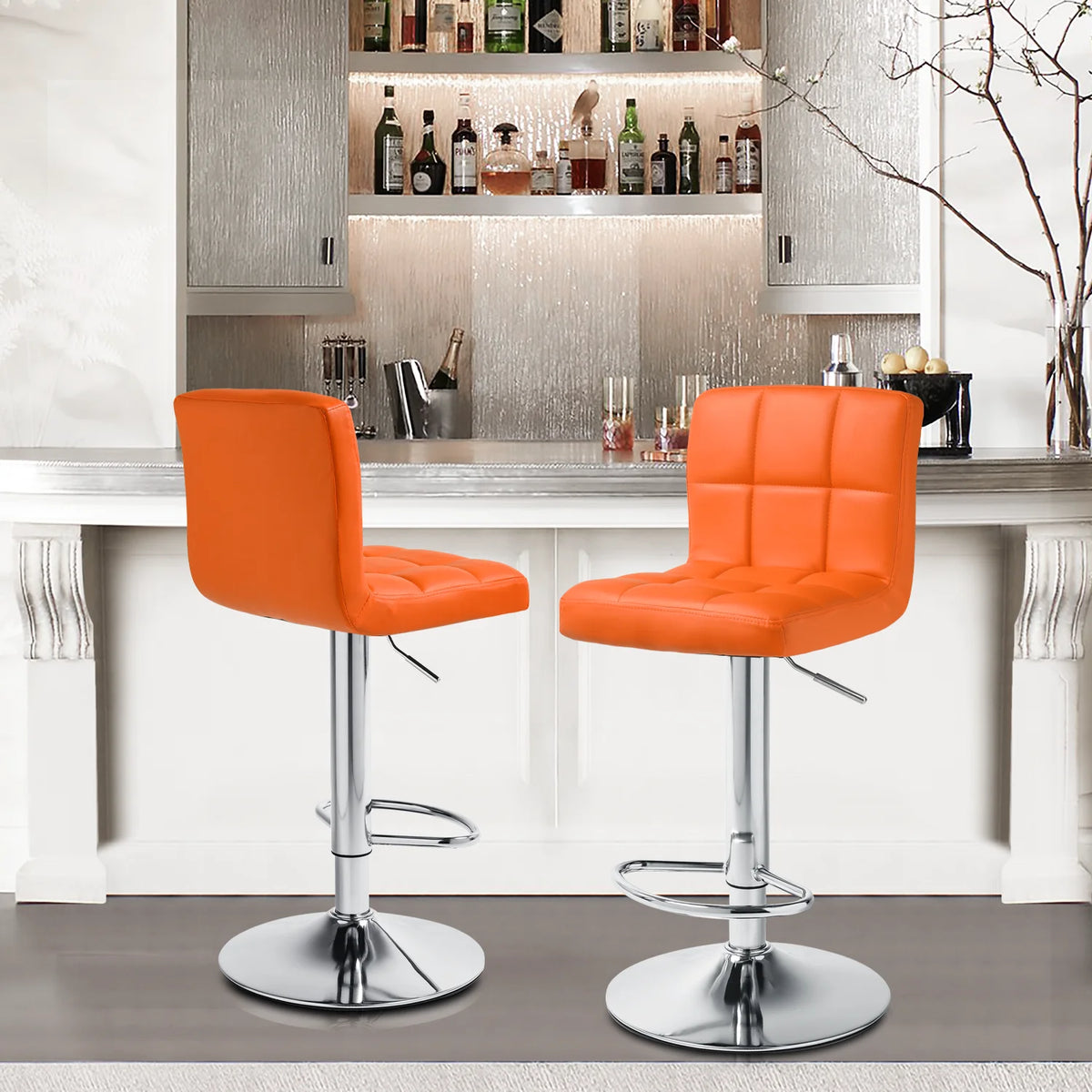 Set of 4 Adjustable Swivel Bar Stools Faux Leather, Orange N397