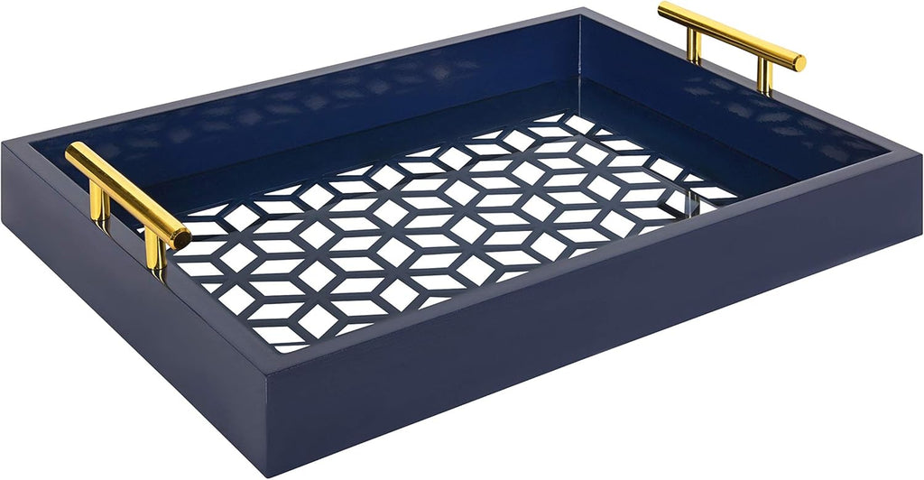 White and Gold Rectangle Decorative Tray with Metal Handles R748569