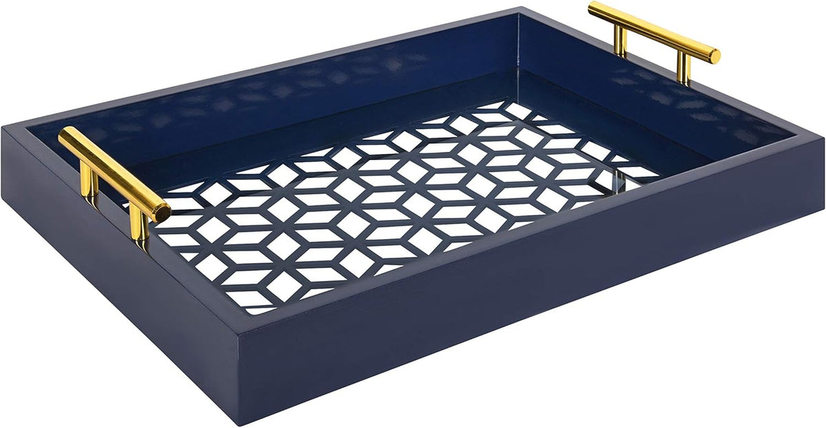 White and Gold Rectangle Decorative Tray with Metal Handles R748569
