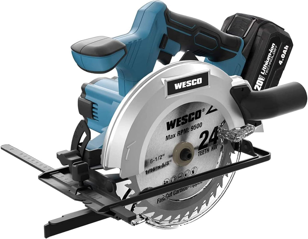 20V 4.0Ah Cordless Circular Saw, 6-1/2", 4000RPM, 0-45° Bevel, with Charger, Vacuum Adaptor, Parallel Guide, Wood Cutting Blades (24T / 40T), Pack of 2 J6858