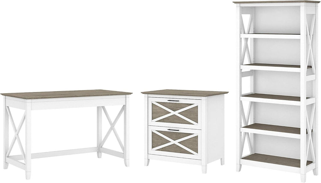 Key West Writing Desk with 2 Drawer Lateral File Cabinet and 5 Shelf Bookcase, Reclaimed Pine G274148
