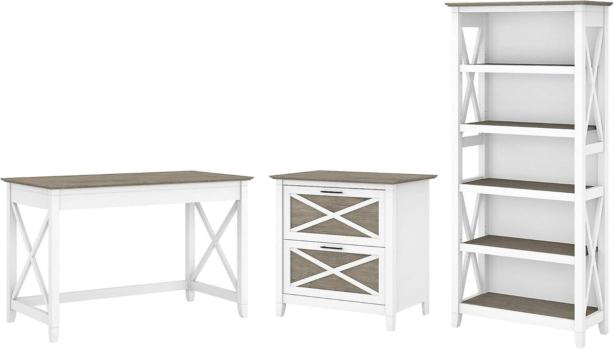 Key West Writing Desk with 2 Drawer Lateral File Cabinet and 5 Shelf Bookcase, Reclaimed Pine G274148
