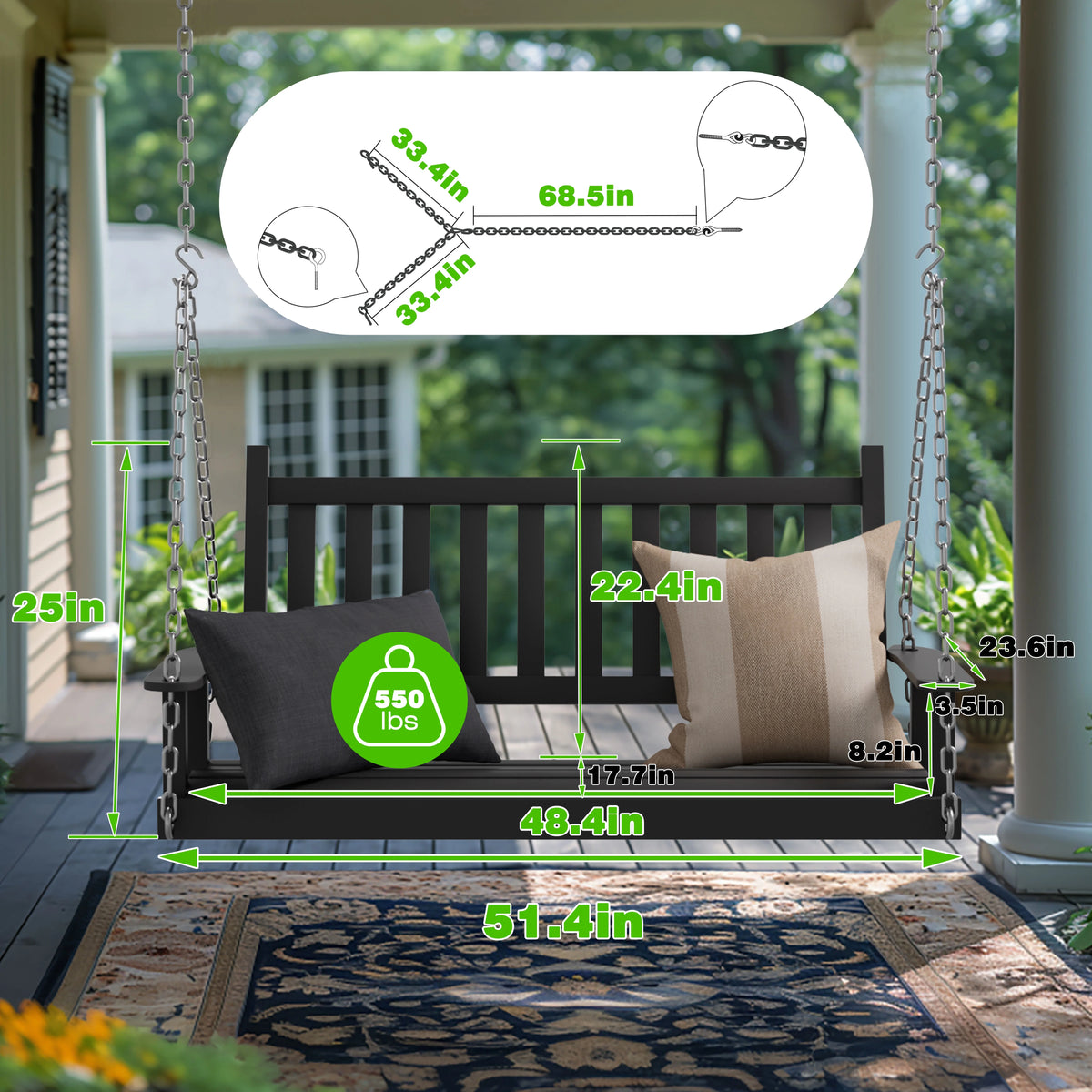 2-Seat Hanging Wooden Porch Swing O99124