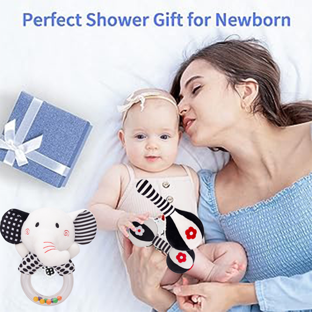 3Pcs Black & White Baby Rattles Set Plush Rattle Toy N961320