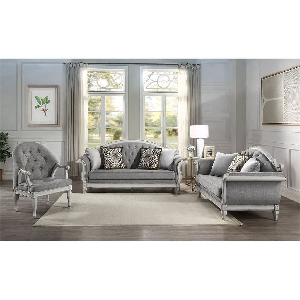 Tufted Fabric Sofa with 4 Pillows in Gray/Antique White T761176